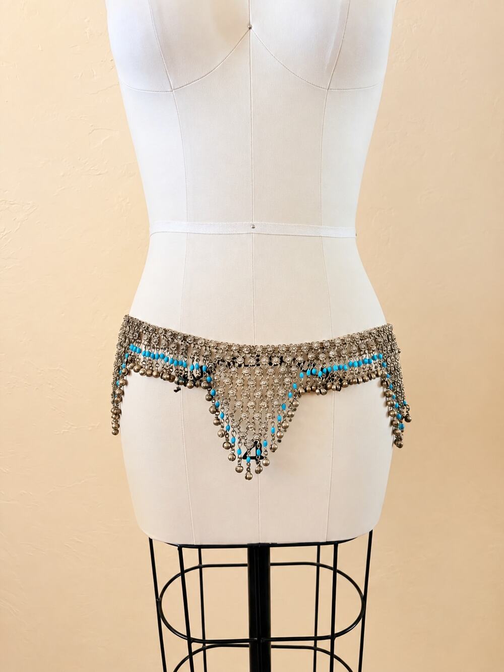 Silver Plated Belly Dance Jhoomer Belt Coin Fringe Blue Beads S M L